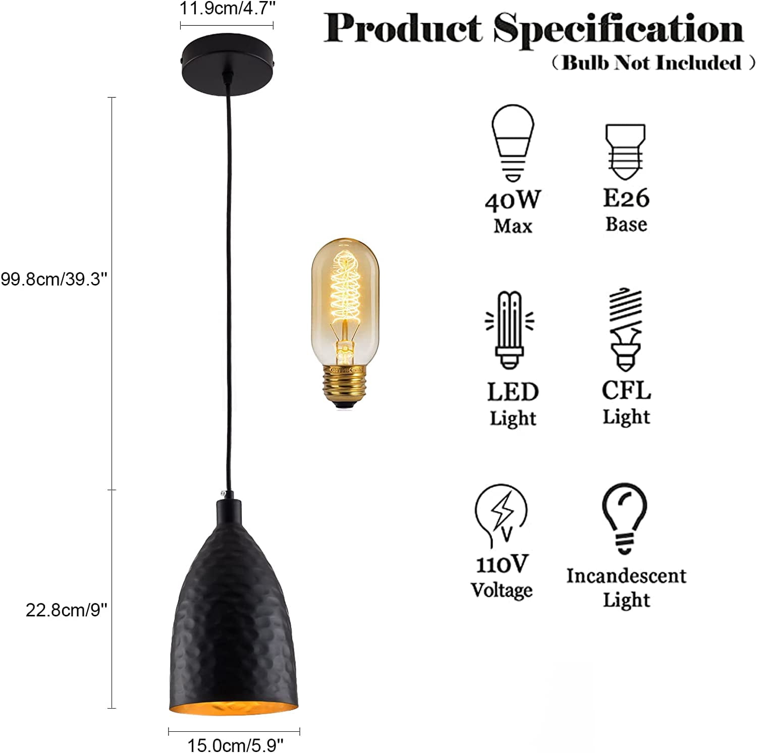 Miumaeov Black Metal Pendant Light, 1-Light Industrial Hanging Light Fixture Farmhouse Kitchen Island Pendant Lighting with 3ft Adjustable Cord, Industrial Dining Light Ceiling Lamp for Kitchen
