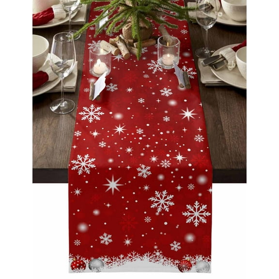Red Christmas Dresser Scarf Farmhouse, Dining Table Decorations for Wedding/Parties, Snowflake Winter Xmas Ball Table Runner 90 Inches Long for Kitchen Dining, 13 x 90 In