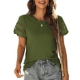thumbnail image 4 of Bigersell T-Shirts à Manches Courtes pour Femmes Mode Décontractée Dentelle Unie Manches Courtes Col Rond Hauts Pull Régulier Col Rond T-Shirts Décontractés Style B9770, Vert TTG, 4 of 8