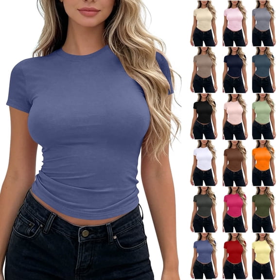 Juesizh T Shirts for Women Solid Color Basic Tee Tops Fashion Casual Crew Neck Slim Short Sleeve T Shirts, S-XL