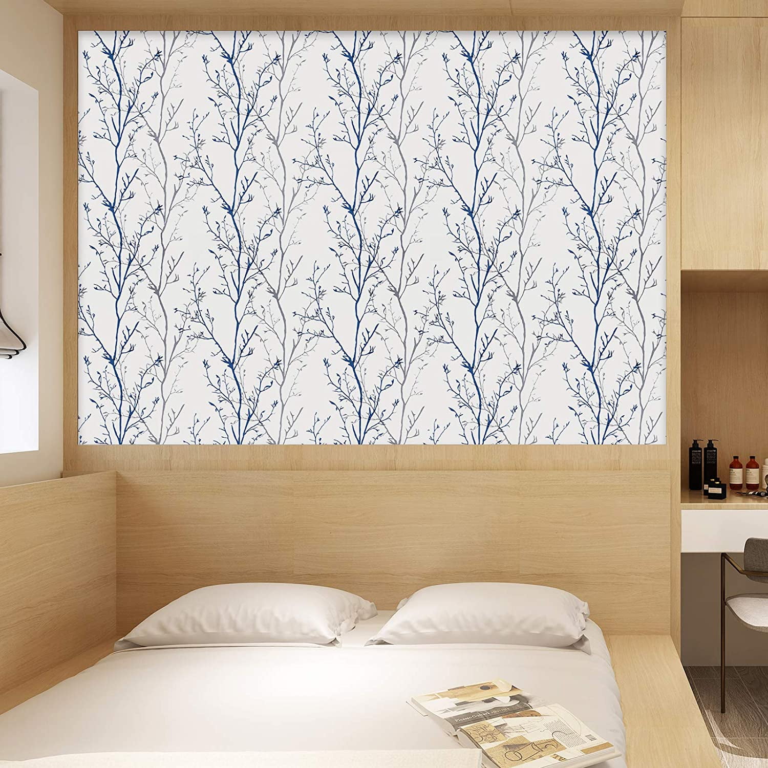 Caltero Peel and Stick Wallpaper Grey Blue Tree Branch Self Adhesive Wallpaper,17.7" x 590"