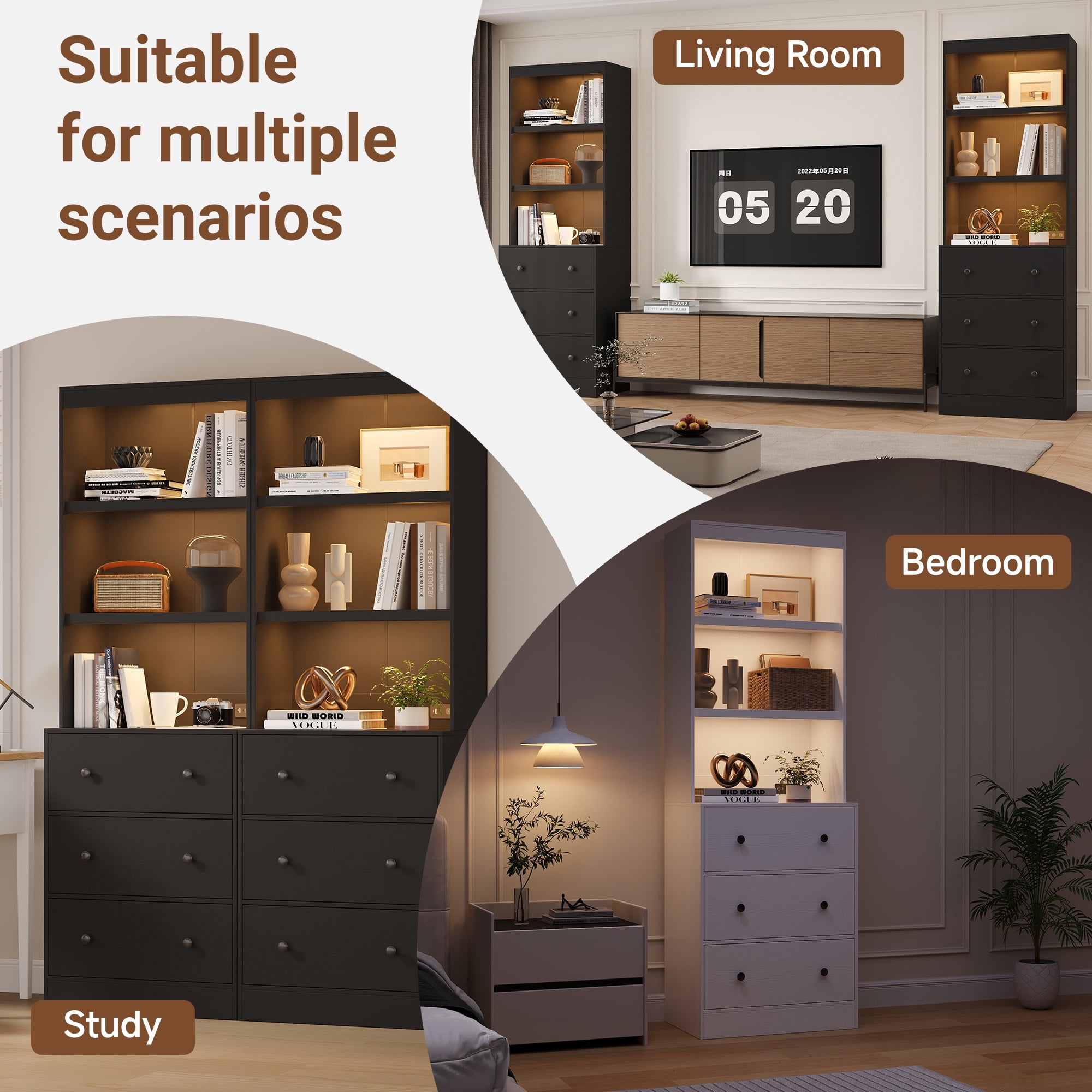 NEGYLIM 2PCS 71" Tall Bookcase with Sensor Lights, Black Bookshelf with Charging Station, Bookshelves with 3 Large Drawers for Living Room Home Office