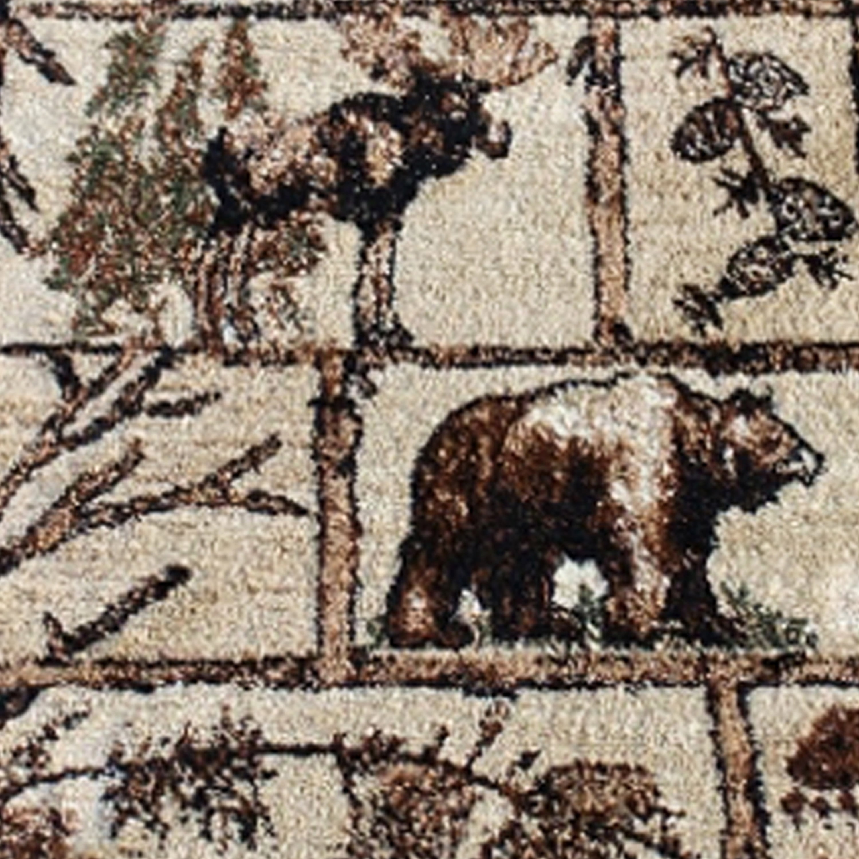 Emma + Oliver Rustic 2x7 Brown Plush Olefin Accent Rug with Bear, Moose and Cabin Motif and Natural Jute Backing