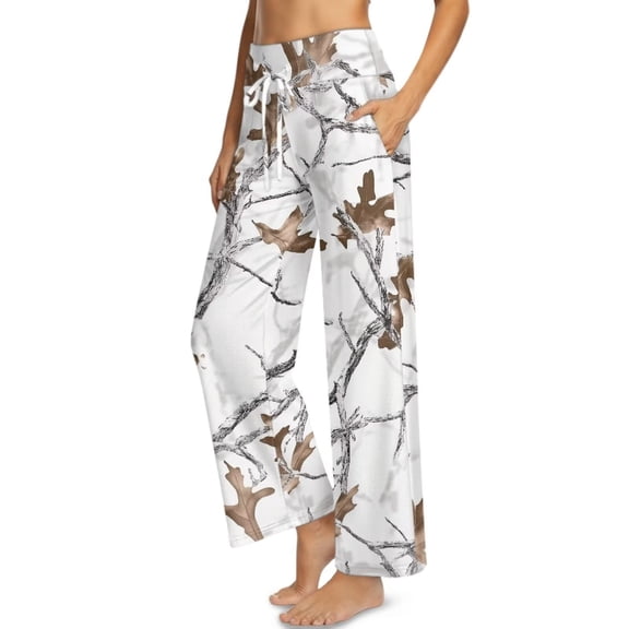Psesaysky White Camo Hunting Print Womens Wide Leg Pants High Elastic Waist Adjustable Drawstring Yoga Pants Casual Flowy Trousers Business Work Pants with Pockets, Size 2XL