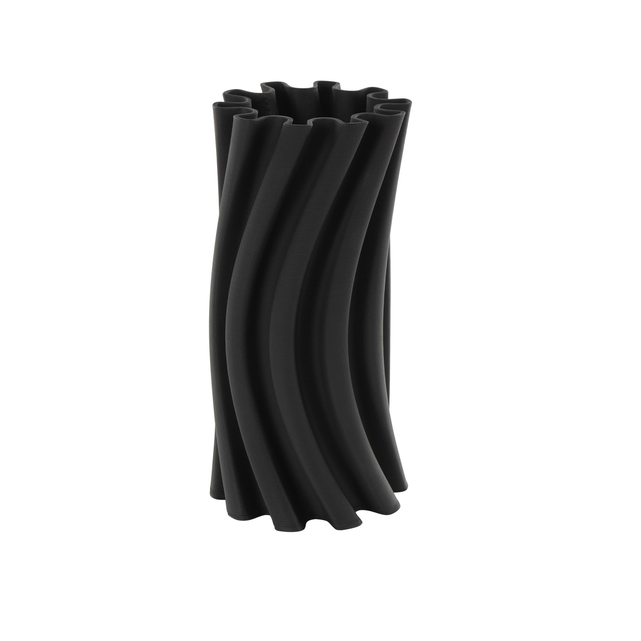 DecMode 11" Abstract Curvy Ribbed Black Ceramic Vase with Floral Shaped Rim
