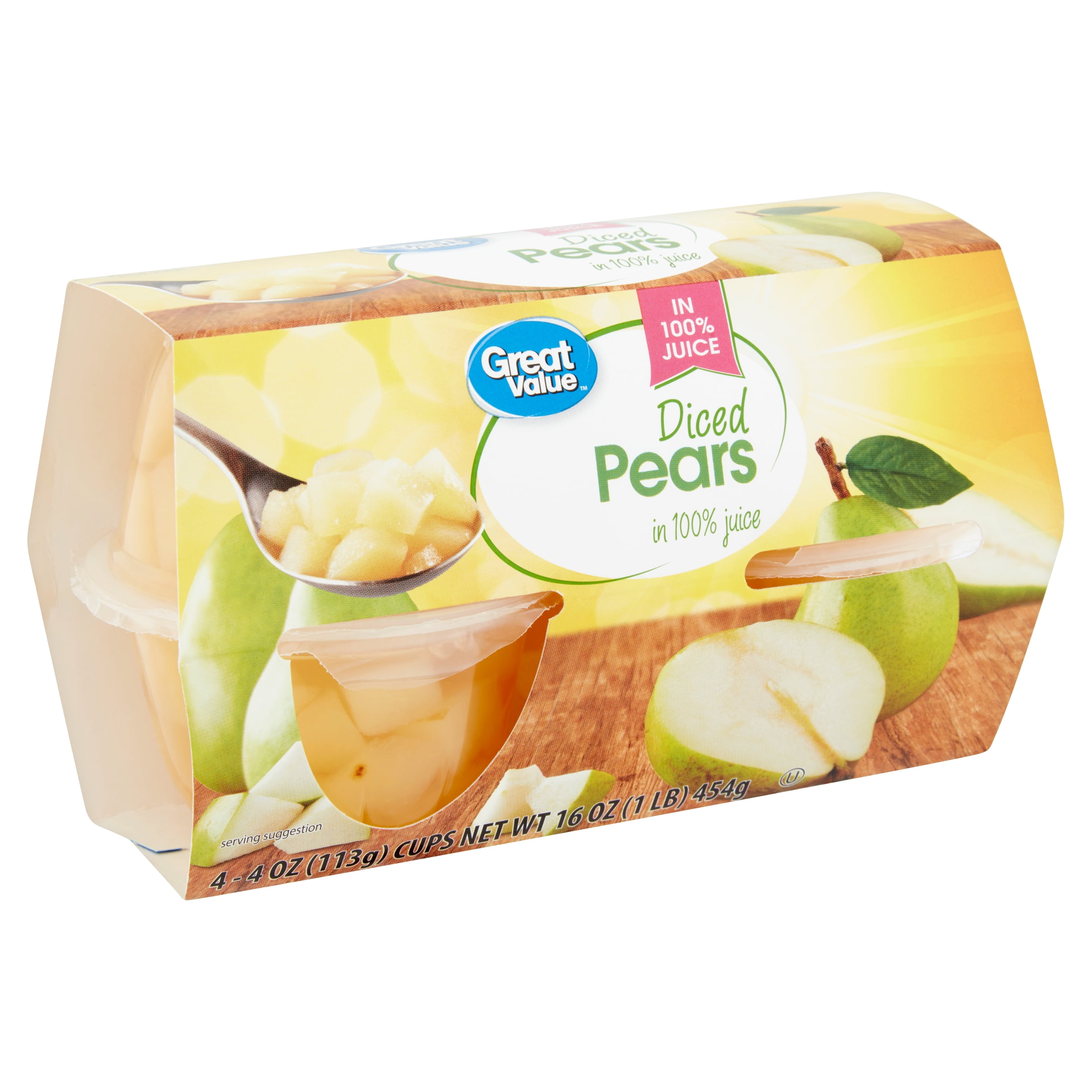 Great Value Diced Pears in 100 Juice, 4 oz, 4 count