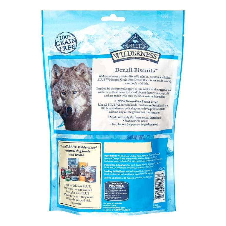 Blue Buffalo Wilderness Denali High Protein Salmon Venison Halibut Flavor Crunchy Biscuit Treats for Dogs Grain Free 8 oz. Bag