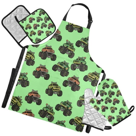 Ryvnso Trucks Cartoon Green Kitchen Apron Oven Mitts Set Pot Holders