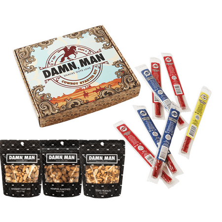 Damn Man Cowboy Starter Gift Box – BBQ Nut Mix & Beef Sticks – 10 Piece Sampler – 1.3 lb