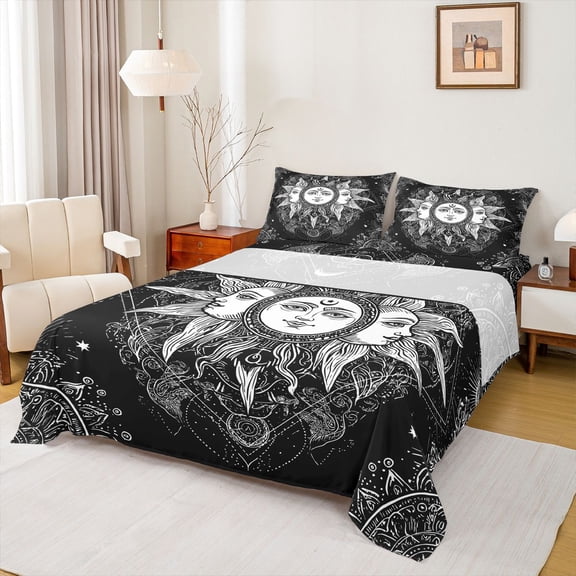 Manfei bohemian Sun Pattern Twin Sheet Sets,Exotic Boho Twin Fitted Sheet,White Black Flat Sheet For Boys Girls,Breathable Home Decor,3 Pieces