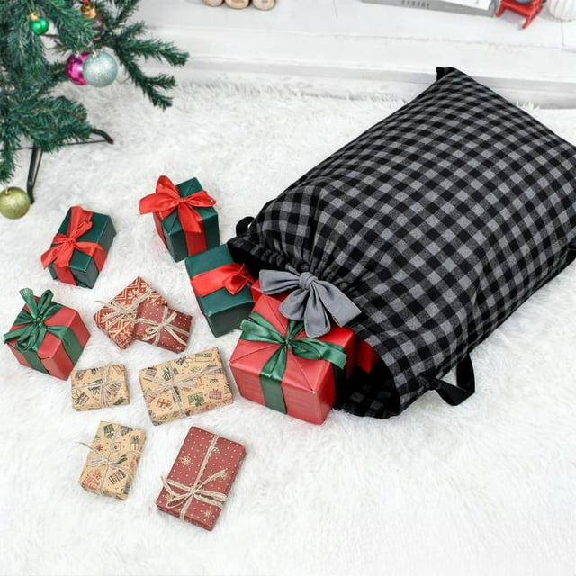Feltree Christmas Plaid Drawstring Gift Bag Large 27x20 Inch Reusable Fabric Storage for Holiday Decorations and Gifts