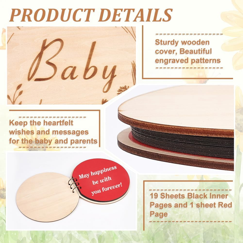 1 set Baby Shower Guest Book 25cm Diameter Wooden Round Guestbook Alternatives Handmade Memory Picture Book with 20 Sheets Beige Baby Growth DIY Binder Photo Album for Girl Boy Gift for Mom