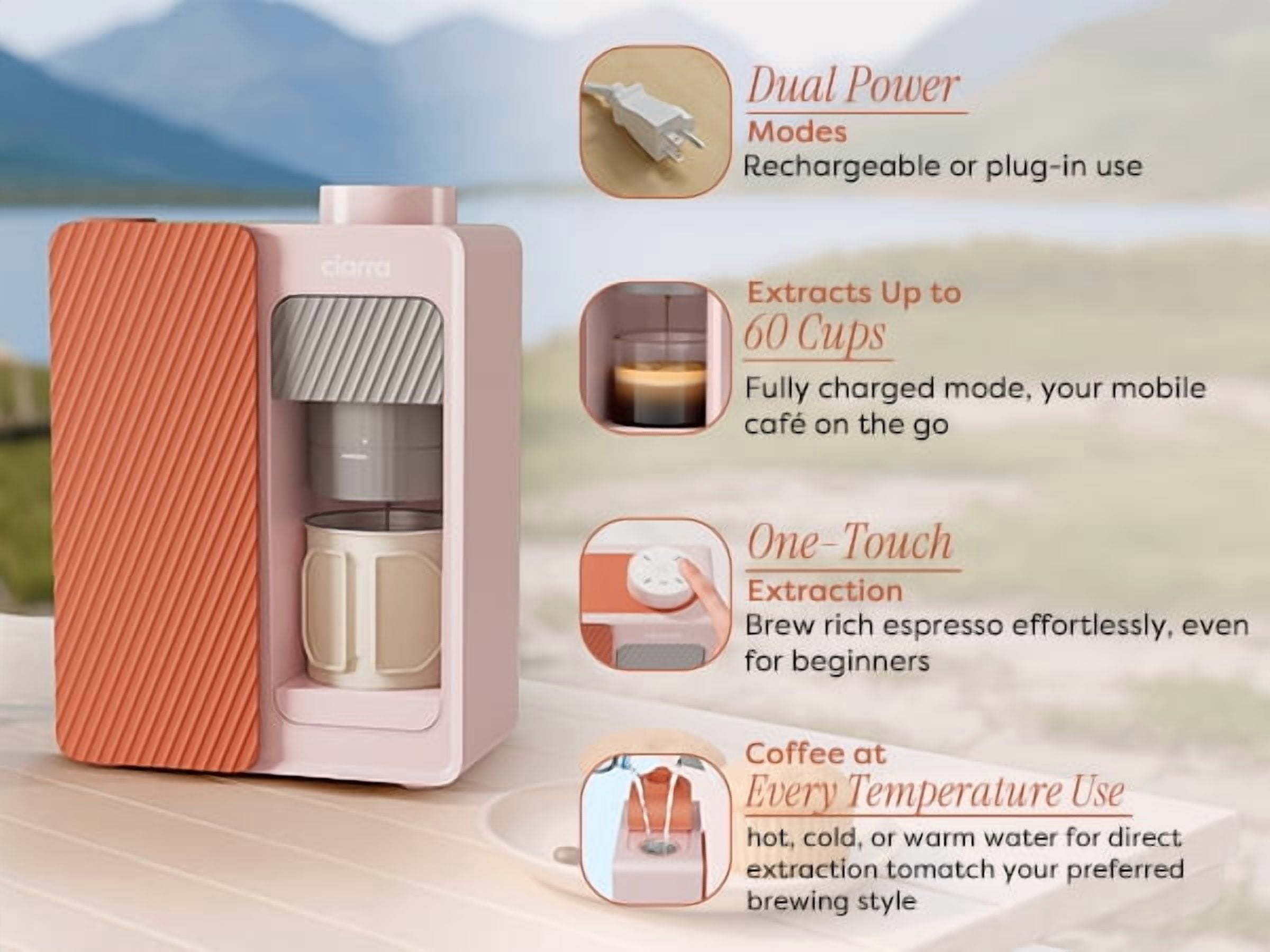 Ciarra Bloombox Portable Espresso Maker, Dual Power (AC & Battery), 15-Bar Mini Coffee Machine