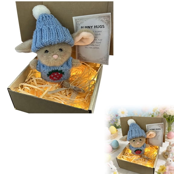 Mini Bunny Hug Cute Easter Gift with Led Light,Crochet Animals Rabbit Doll with Inspirational Card for Women,Emotional Support Inspirational Gifts(Blue)