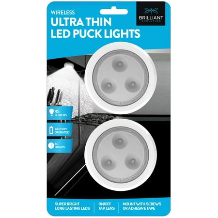 Brilliant Evolution Ultra Thin Wireless LED Puck Light 2 Pack | LED Under Cabinet Lighting | Closet Light | Battery...