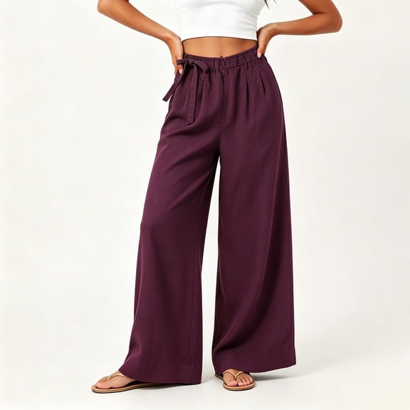 Cagogo Women Plus Size Wide Leg High Waisted Flowy Casual Palazzo Long Pants Travel Loungewear Yoga Trousers Summer Outfits Fall Fashion, Wine M