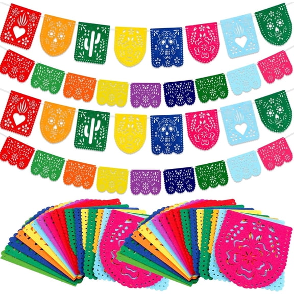 4Pack Mexican Party Decorations Papel Picado Banners Felt Day of the Dead Colorful Bunting Fiesta Birthday Baby Shower Party Decorations Dia De Los Muertos Garland Decor Cinco de Mayo Flags Supplies