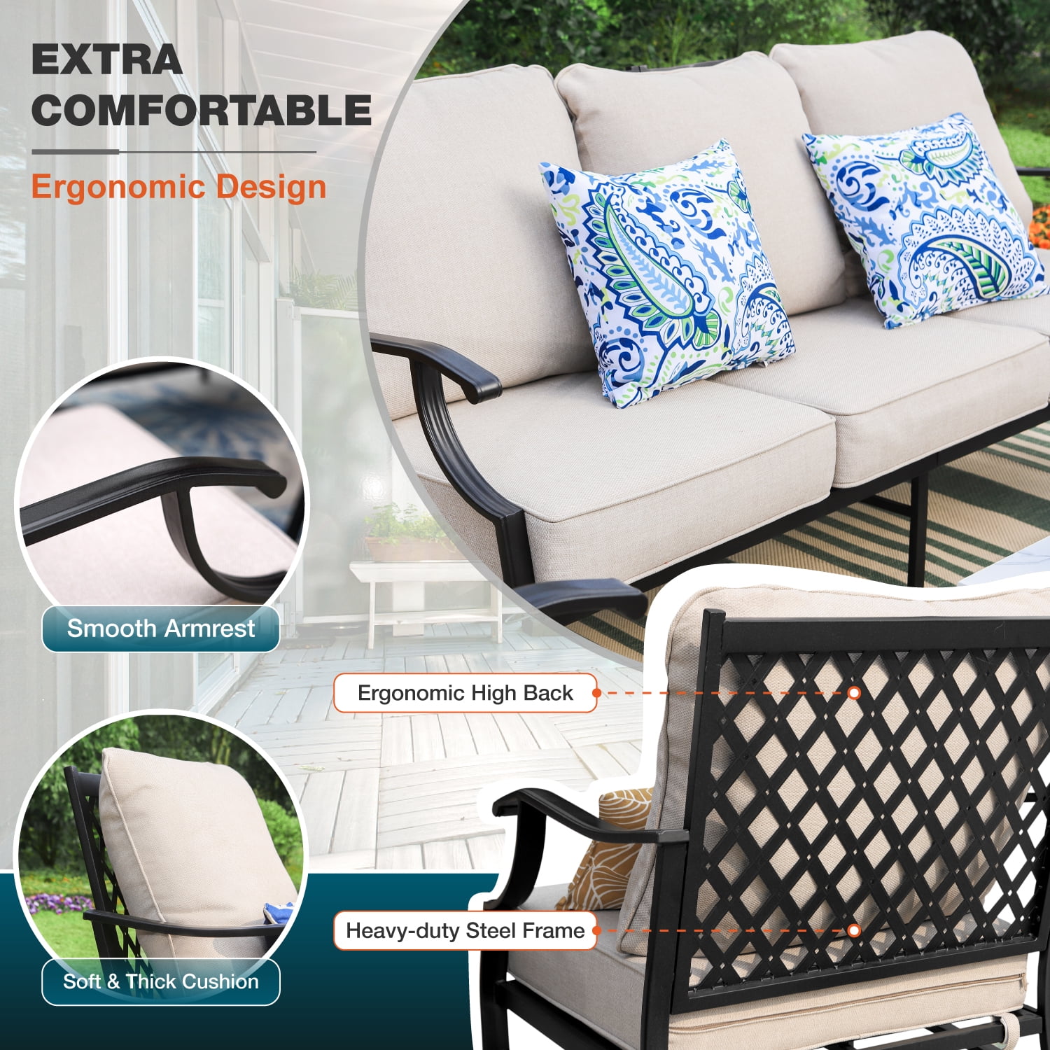 MF Studio 7-Piece Patio Conversation Set Outdoor Furniture Sofa Set for 9 Person with Beige Cushions