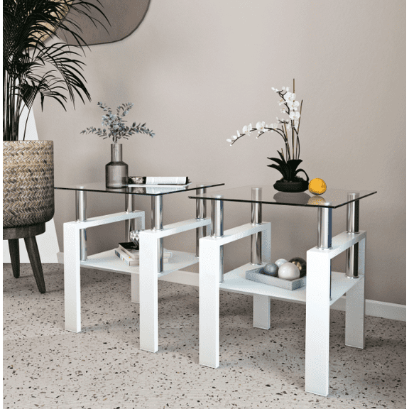 Euroco Set of 2, Modern Tempered Glass Tea Table Coffee Table End Table, Square Table for Living Room, Transparent/White