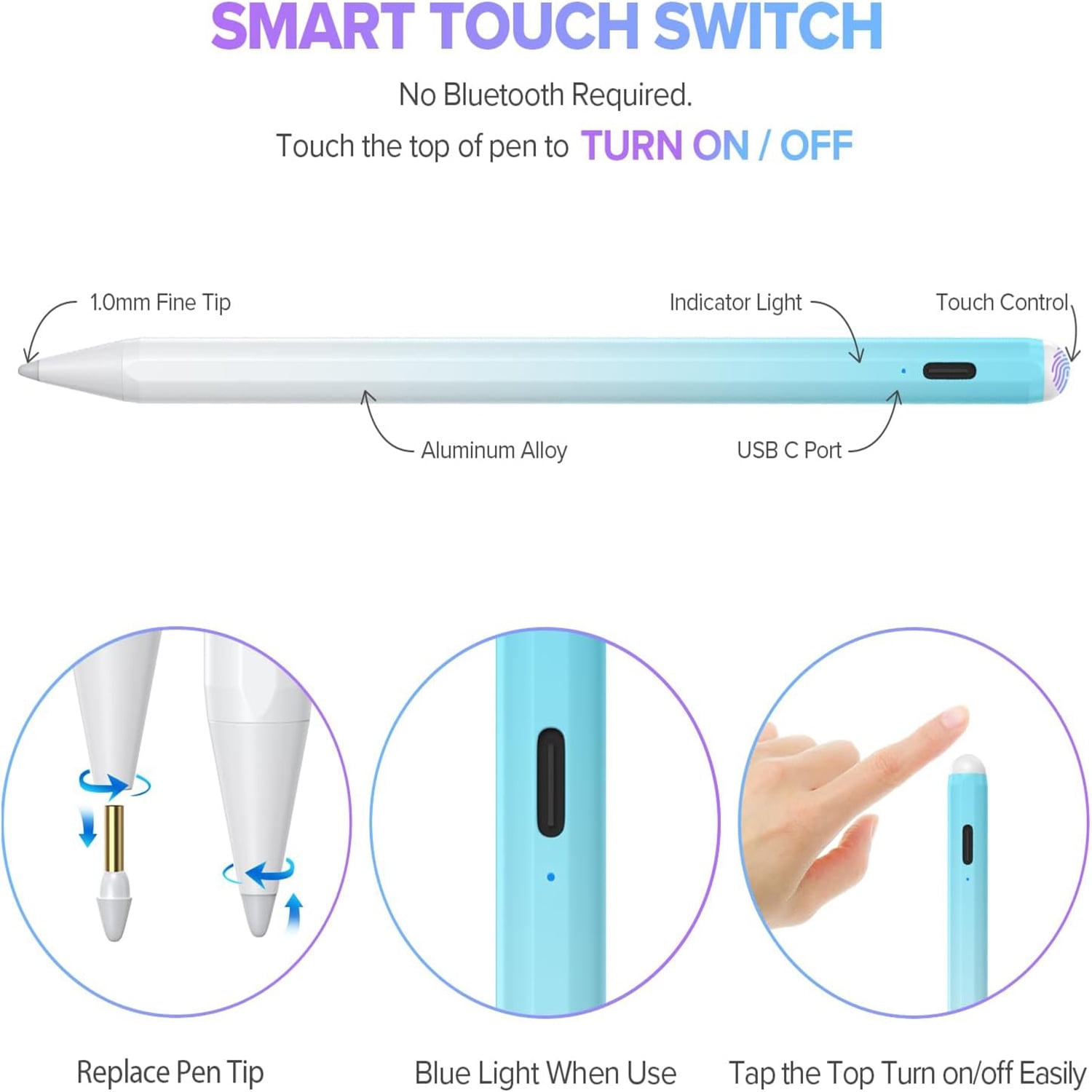 Stylus Pen for Apple iPad 11th 10th Fast Charging 1st 2nd Generation Pencil with Palm Rejection Compatible with 2018-2025 Apple iPad Pro Air Mini, Blue White