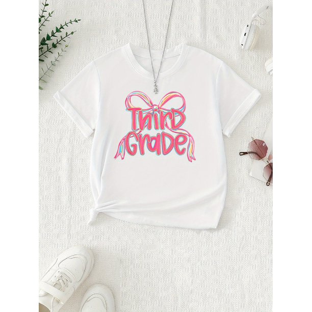 Girls' Back to School 3rd Grade Coquette Bow ' Graphic Printed Short Sleeve T-Shirt - Casual Knit Top with Round Neck, Summer Wear