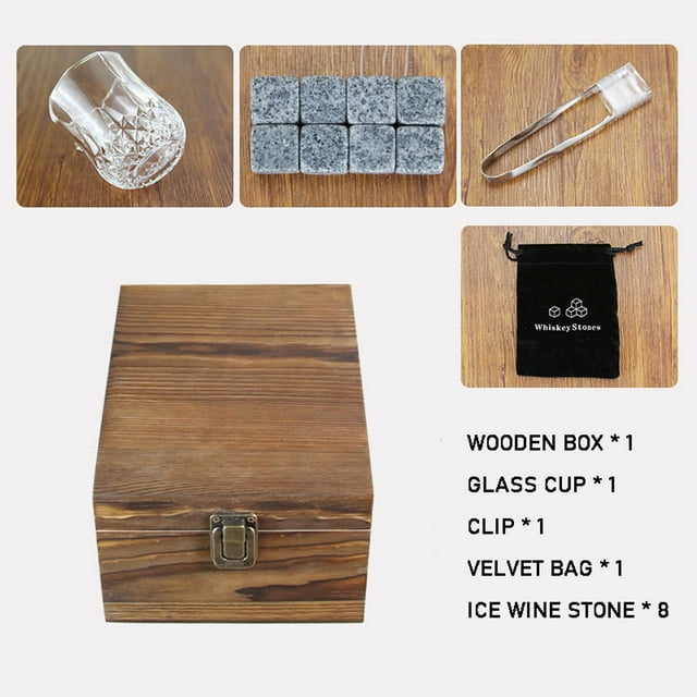 Vaso de whisky Caja de madera Caja de madera 1 Copa de vidrio 1 Clip 1 Bolsa de tela de terciopelo 1 Piedra de vino de hielo 8 El regalo para beber Para padres Esposos Copa de vino de nacimiento