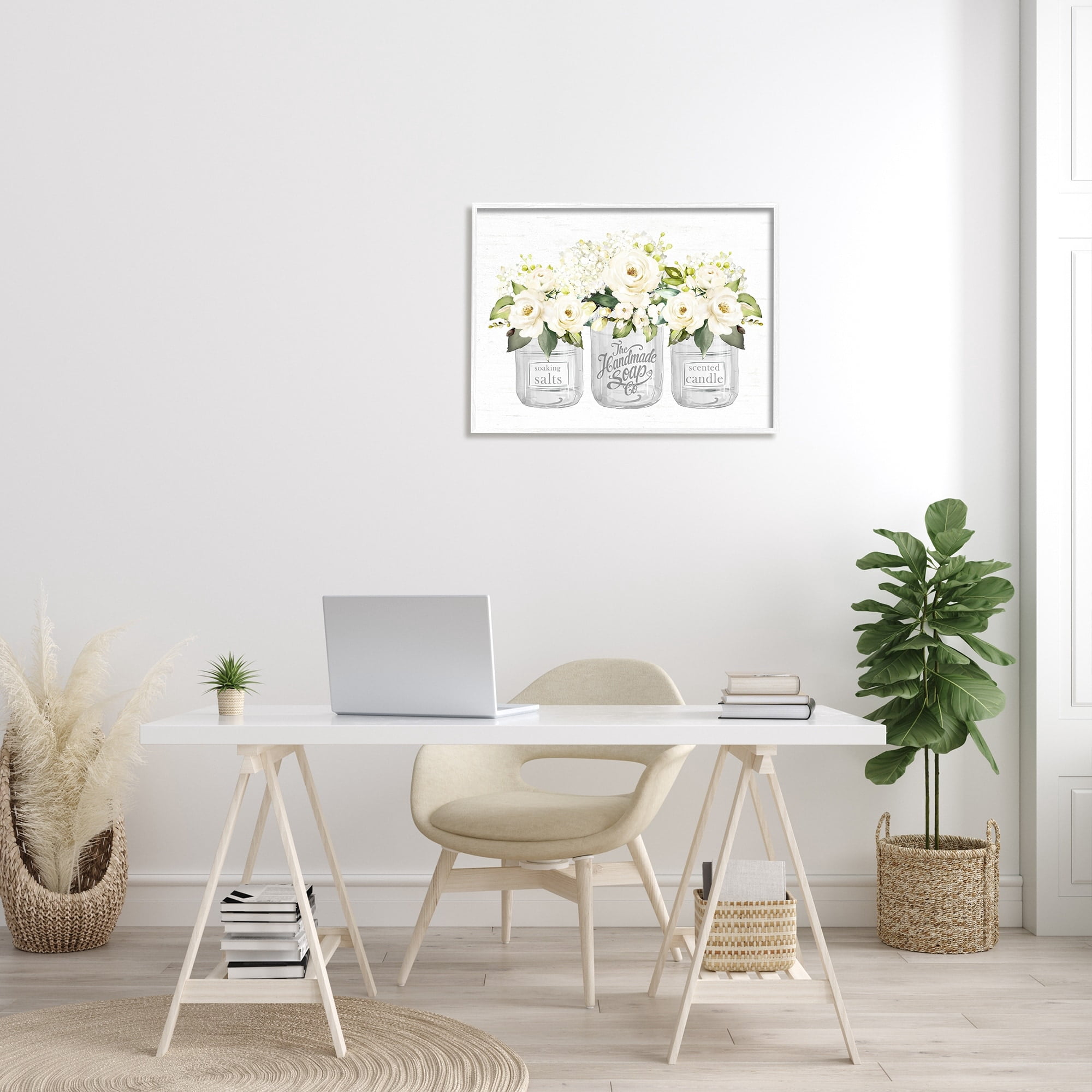 Stupell Industries White Roses Blooming Country Rustic Candle Jars Graphic Art White Framed Art Print Wall Art, Design by Lettered and Lined