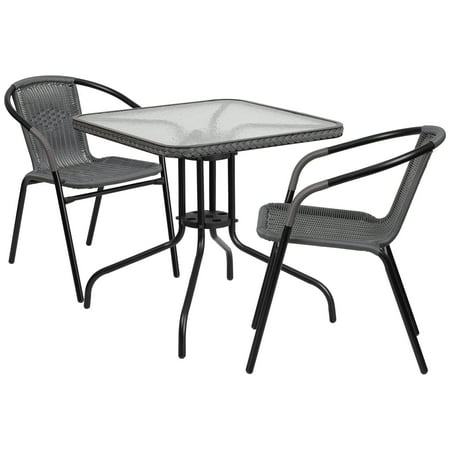 Marrano Patio Homes Lancaster Lancaster Home 28-inch Square Glass Metal Table with Rattan Edging and 2 Rattan Stack Chairs Black, Grey ()