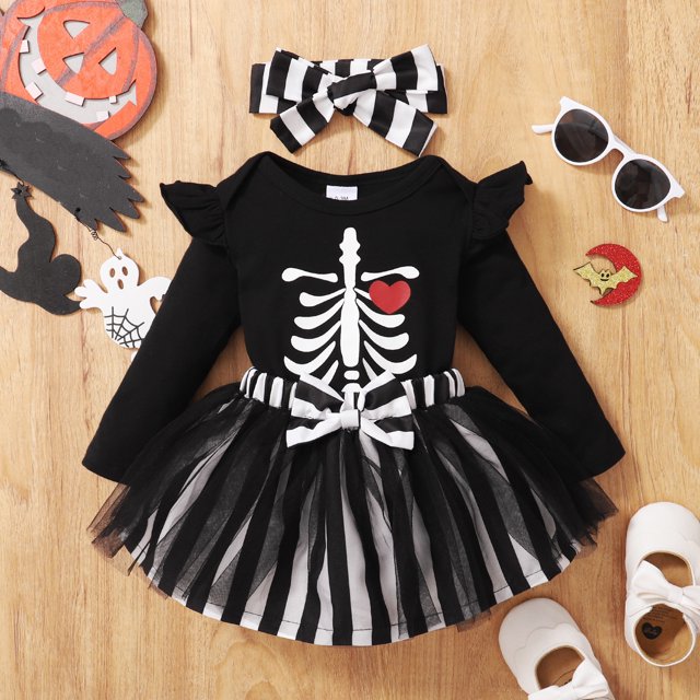 Halloween Costumes for Kids Toddlers Halloween Girls' Long Sleeved Printed Khaki + Mesh Skirt + Headscarf Three Piece Set