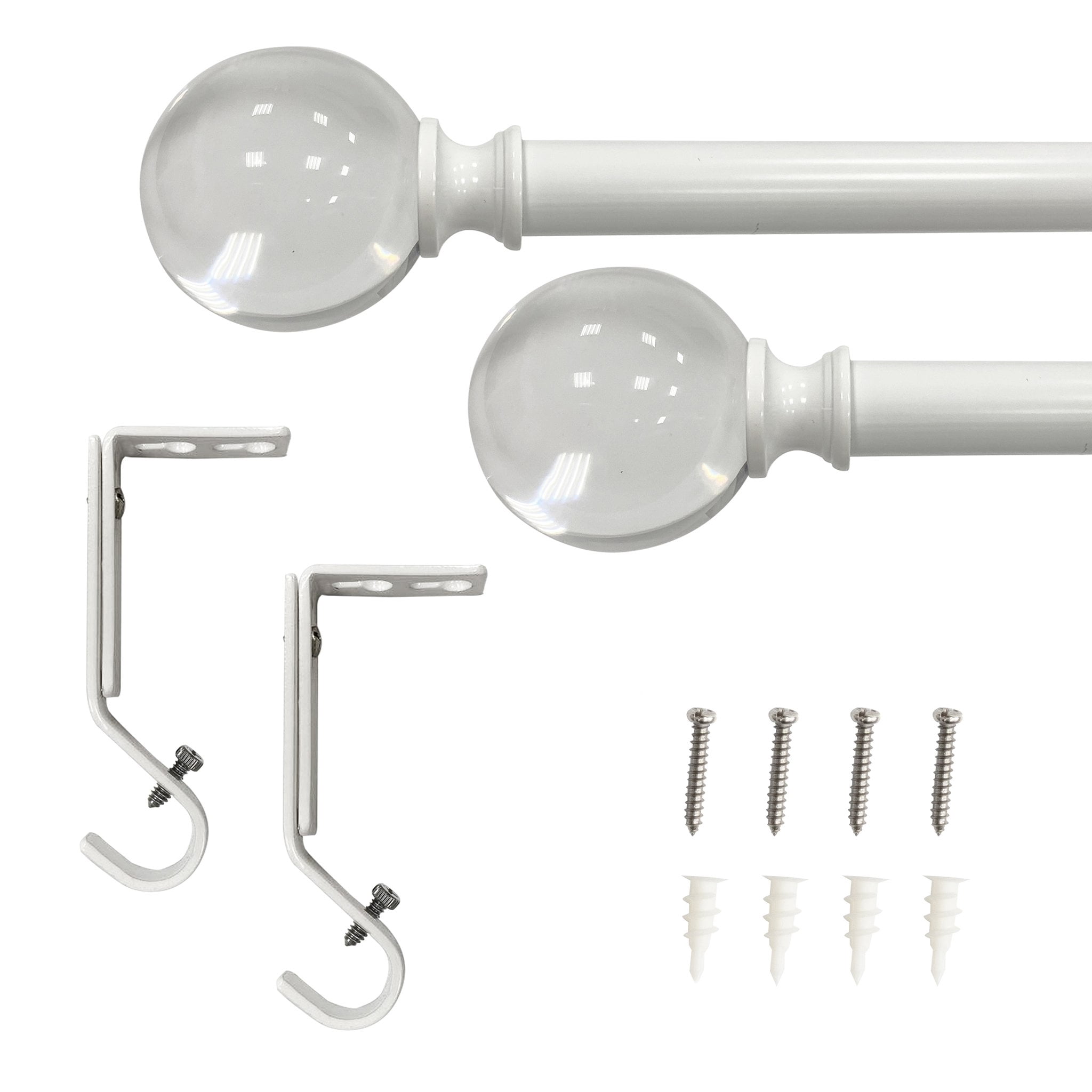 Lumi 3/4" Acrylic Ball Single Curtain Rod Set, White, 36"-66"