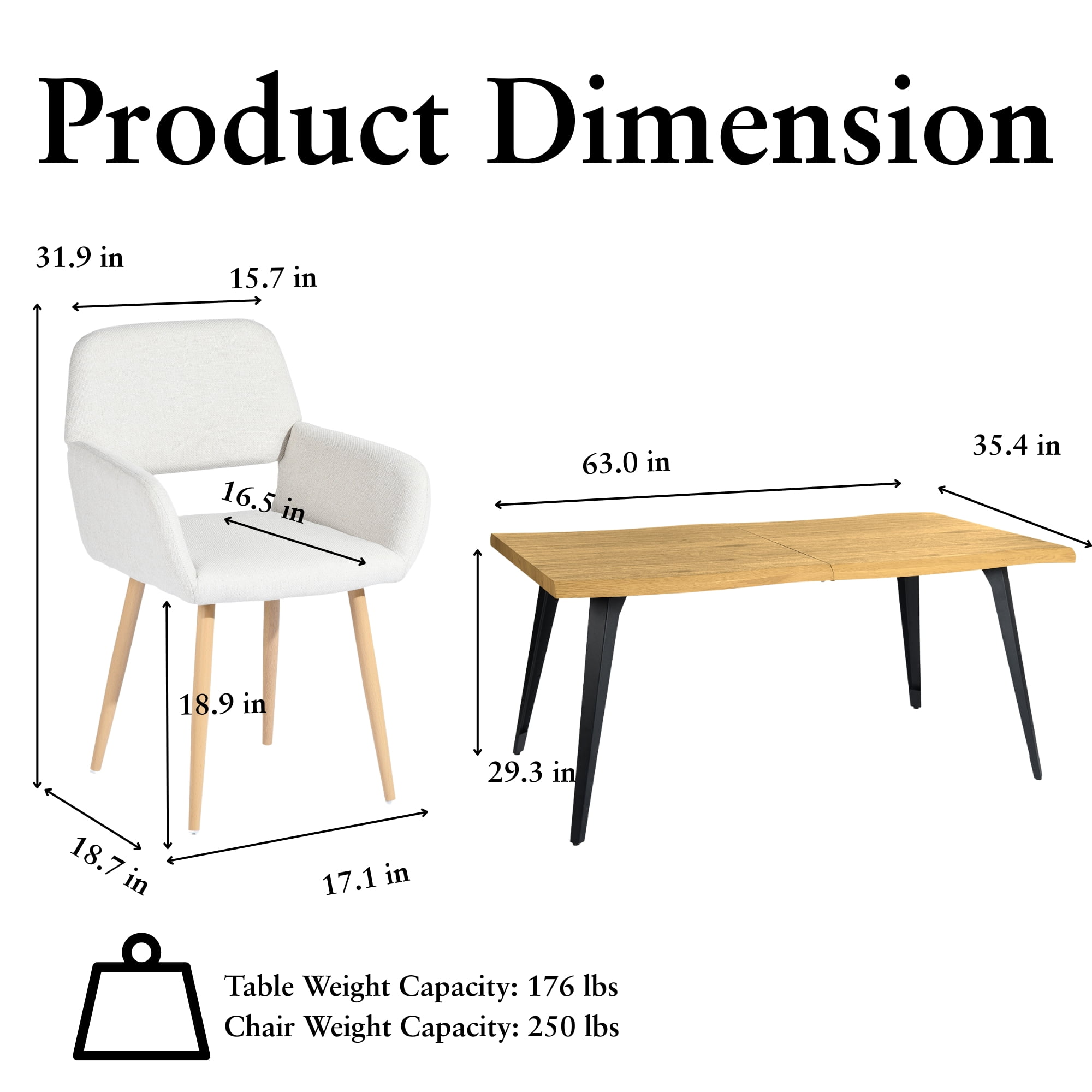 Homy Casa 4 Seater Chair Dining Table Set with Live Edge Industrial Faux Natural Table and Armchairs, Beige Fabric