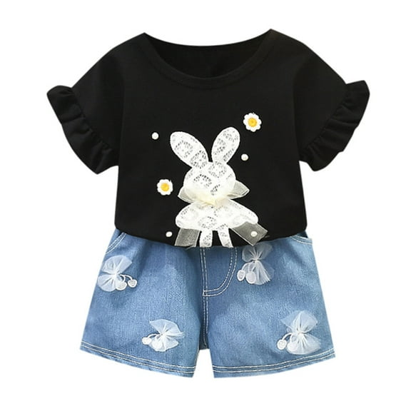 Toddler Girl Easter Clothes Baby Girl Summer Outfits Cute Bunny Bow Applique Shirts Tops Denim Shorts Set Little Girl Clothes Easter Gift Clothes Palywear Black 7 Years-8 Years