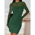 thumbnail image 4 of Women'S Mesh Sheer Long Sleeve Ruched Mini Dress Bodycon Mock Neck Cocktail Party Club Dresses Green S, 4 of 9
