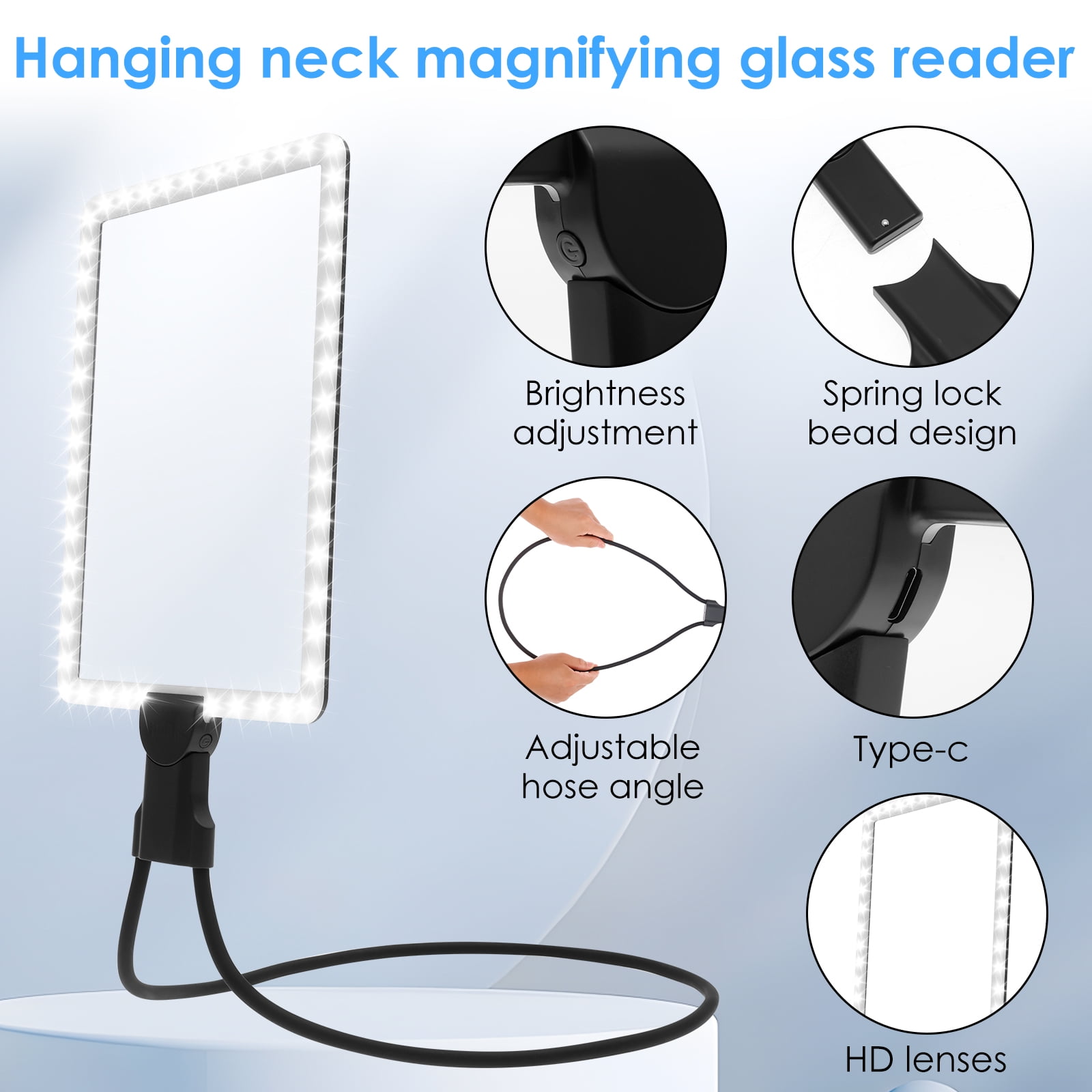 Magnifying Glass with Light Rechargeable Hands Free Full Page Reading Magnifier with Neck Hanging 7.5 x 10.2in for Elderly Visual Impairment
