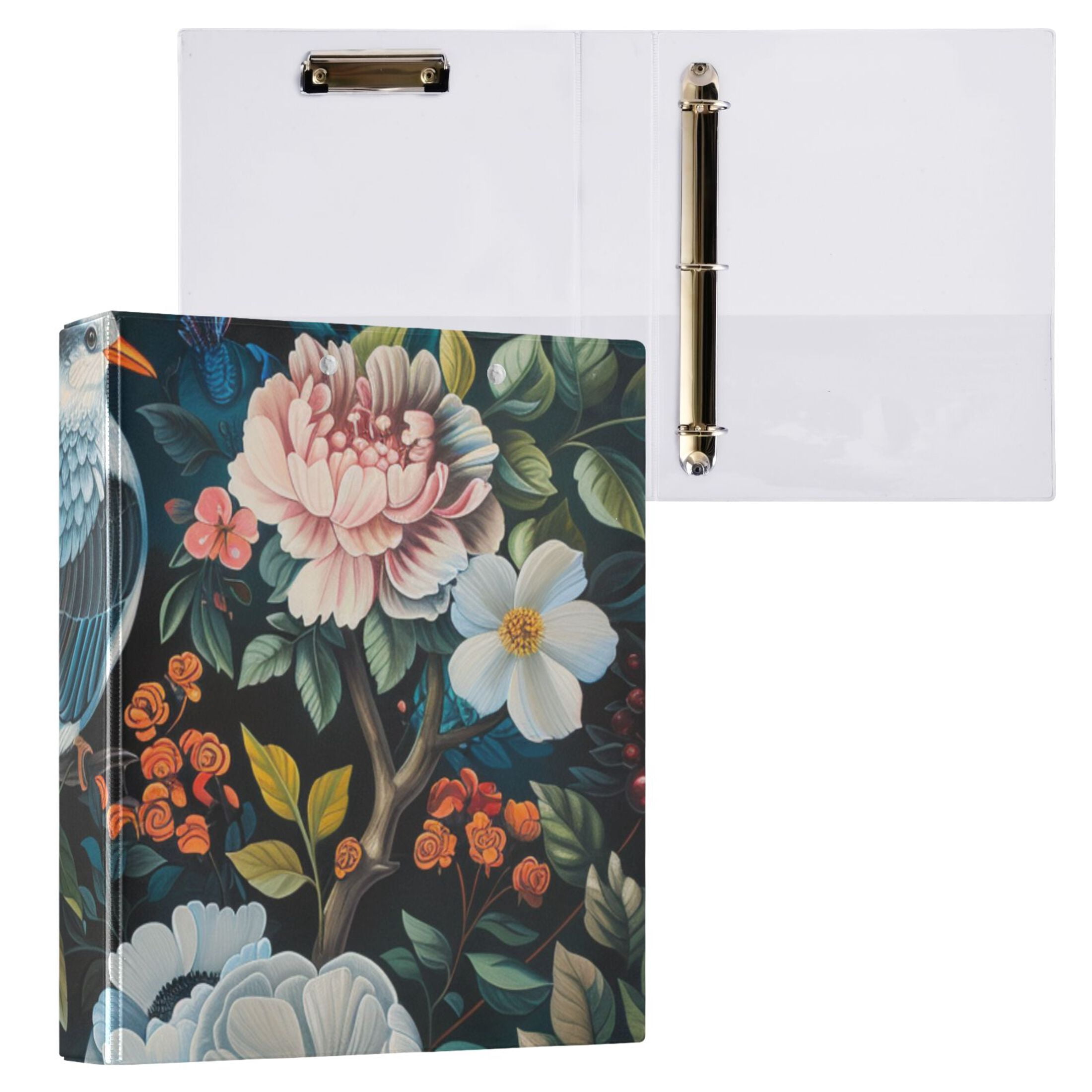 Birds Flowers 3 Ring Binders 1.5 inch Hardcover File Folders with Interior Pockets A4 Size Organizer for School Office Hospital