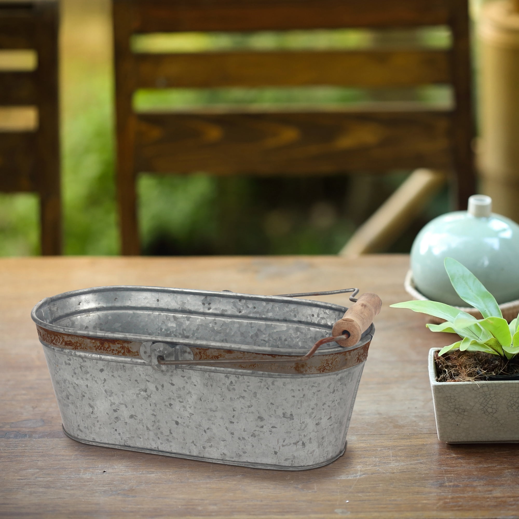 Stonebriar 12" x 7.2" Solid Galvanized Metal Decorative Oval Bucket with Handle, Gray