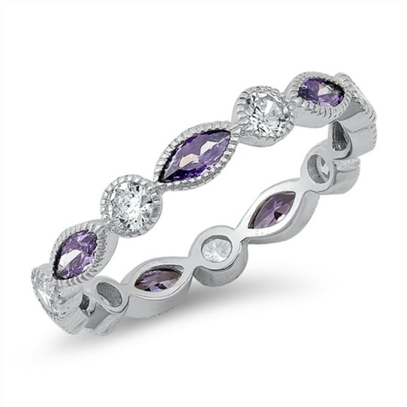 Simulated Amethyst Clear Cubic Zirconia Alternative Stackable Ring Sterling Silver Size 10
