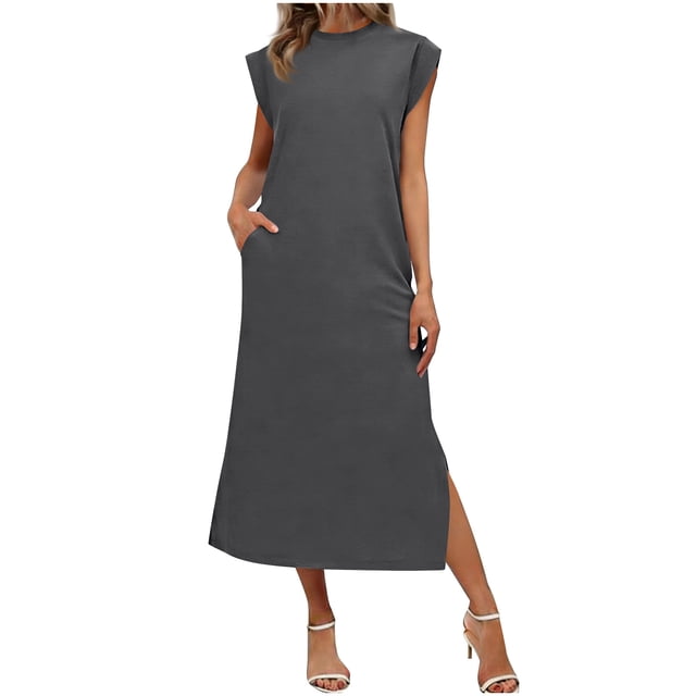 Oksale Robes Maxi pour Femmes Confortables Amples Sans Manches Robes d'Été Décontractées à Col Rond Robe d'Été Élégante Classique de Couleur Unie avec Poches Gris TG