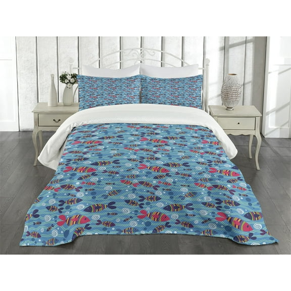Ambesonne Fishes Quilted Bedspread Set 3 Pcs, Colorful Wavy Ocean, King Size, Multicolor