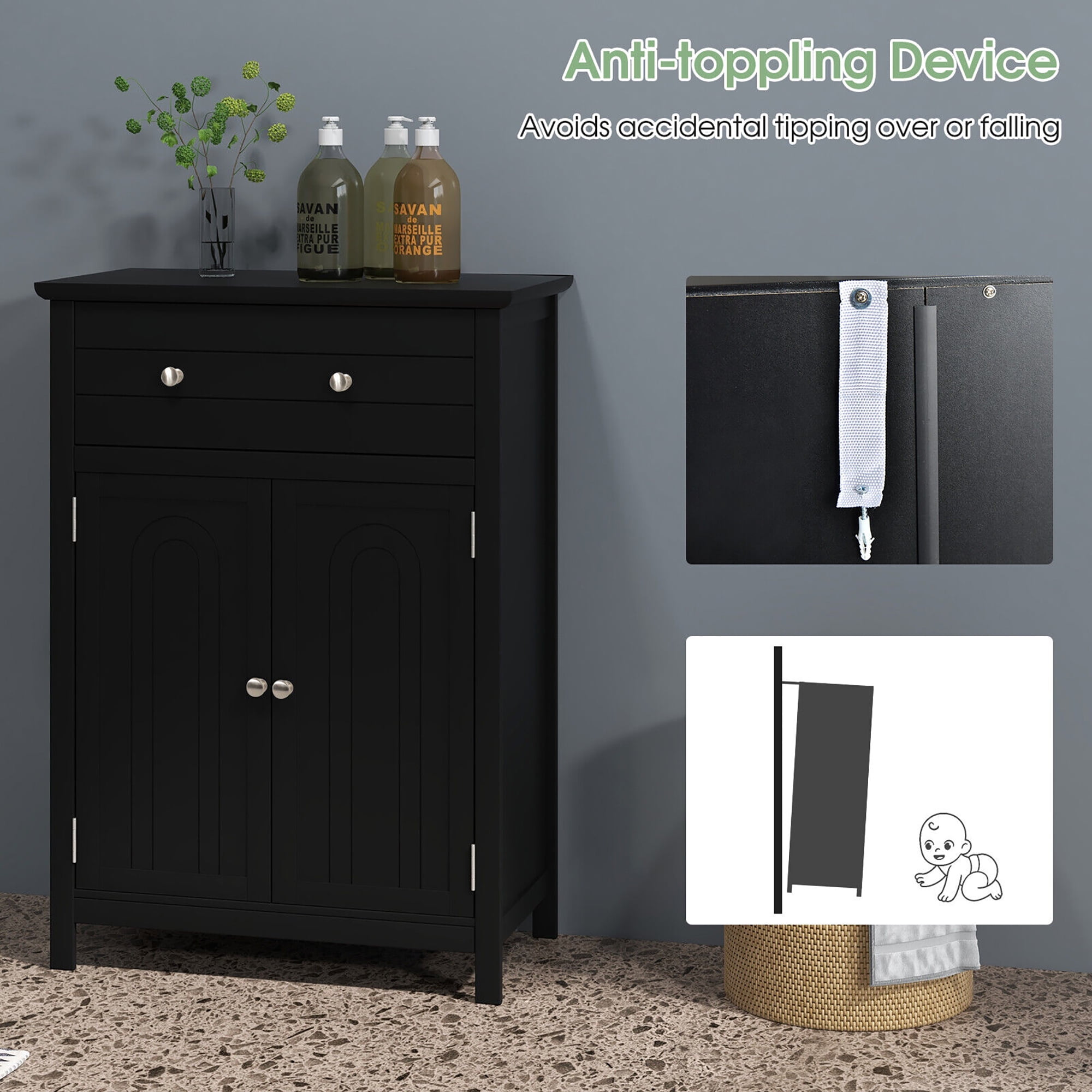 Gymax Bathroom Floor Cabinet Wooden Storage Organizer with Drawer & Doors Blcak
