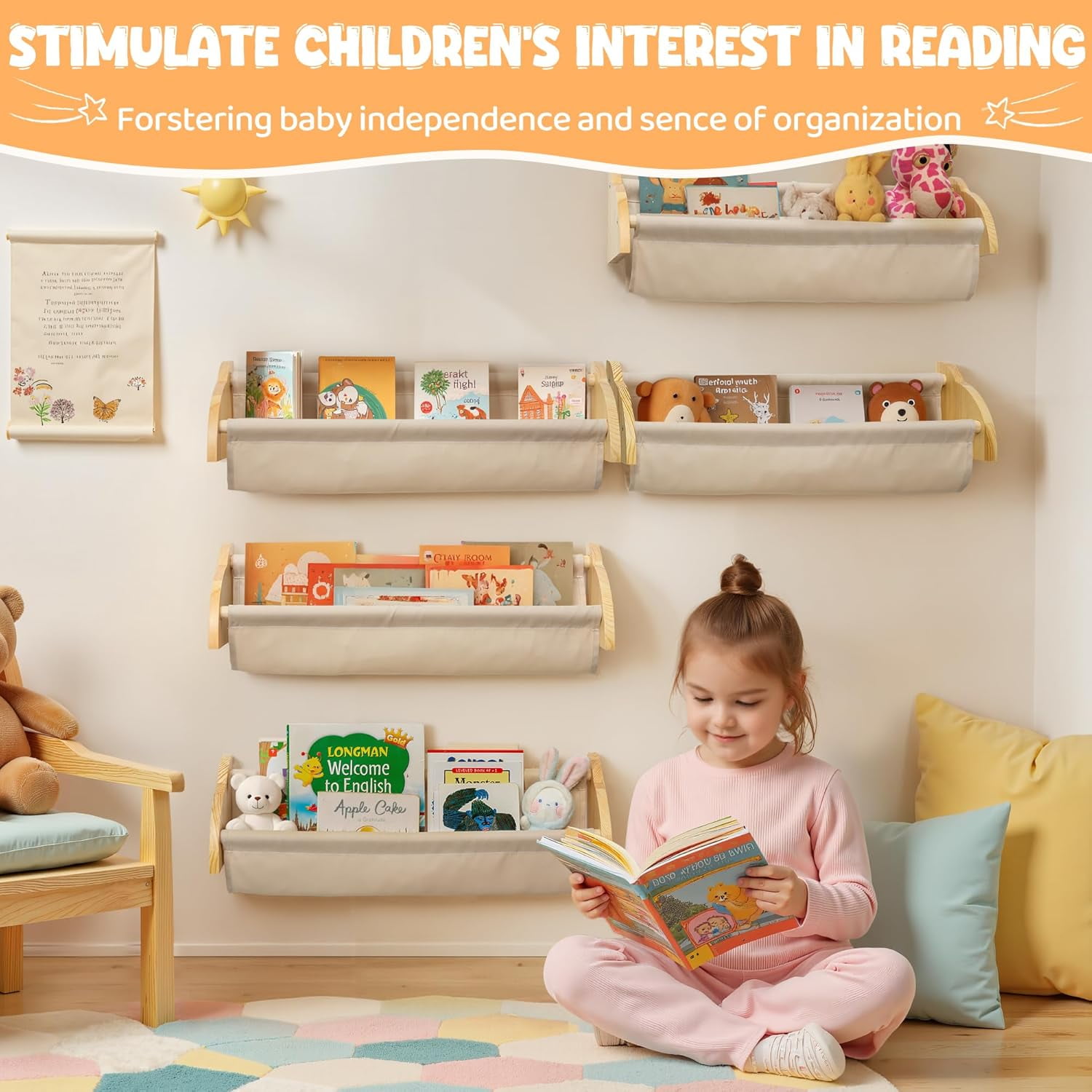 Sumgar Nursery Book Shelves for Kids Rooms Floating Shelf for Wall Mount Book Storage Wooden Organizer Rack for Toddler Baby Childrens Bedroom Playroom, Canvas Set of 2, Home Decor Gift for Christmas