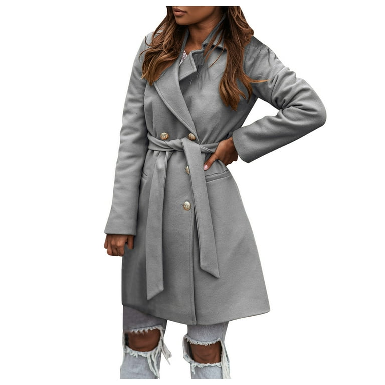 JDEFEG Clothes for Women Women's Wool Coats Thin Coat Trench Jacket Suit  Collar Double- Long-Sleeve Belt Button Woollen Coats Coral Sweater Other  Grey Xxl 