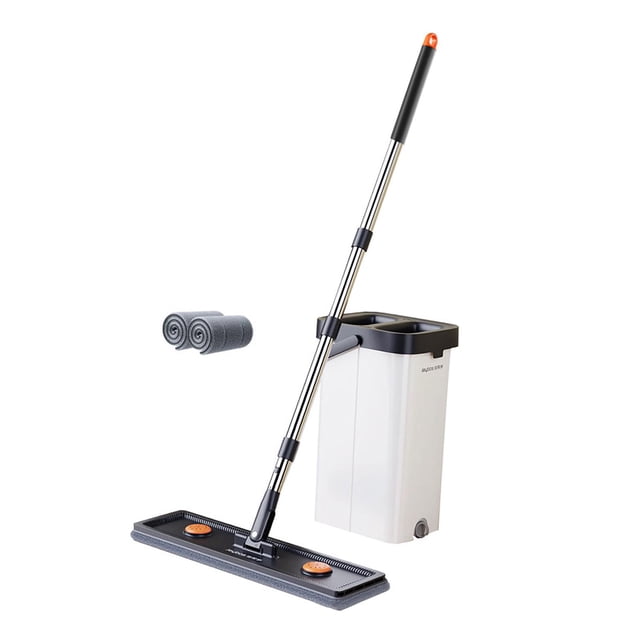 Juego de trapeador y cubo con escurridor, trapeador plano, fregador doméstico autolimpiable con rotación de 360 grados y almohadillas para el hogar, 2 almohadillas de 40 cm