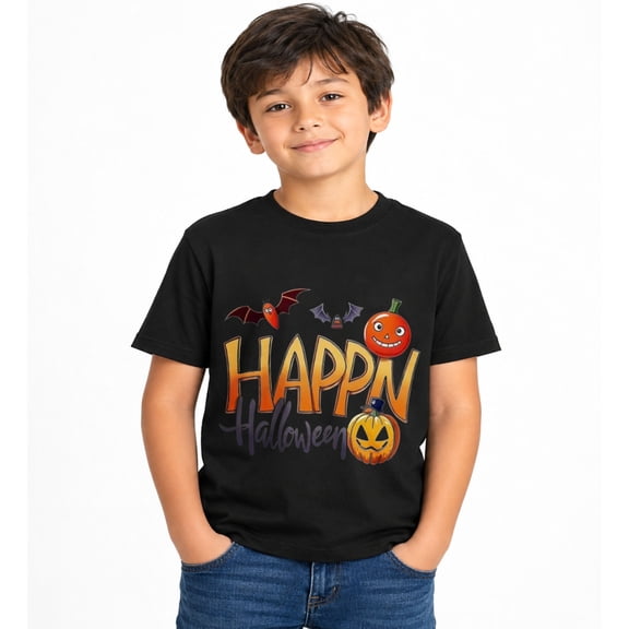 Boys Happy Halloween Pumpkin Lettering Halloween T-Shirt, Spooky Graphic Short Sleeve Shirt for Fall and Seasonal Wear