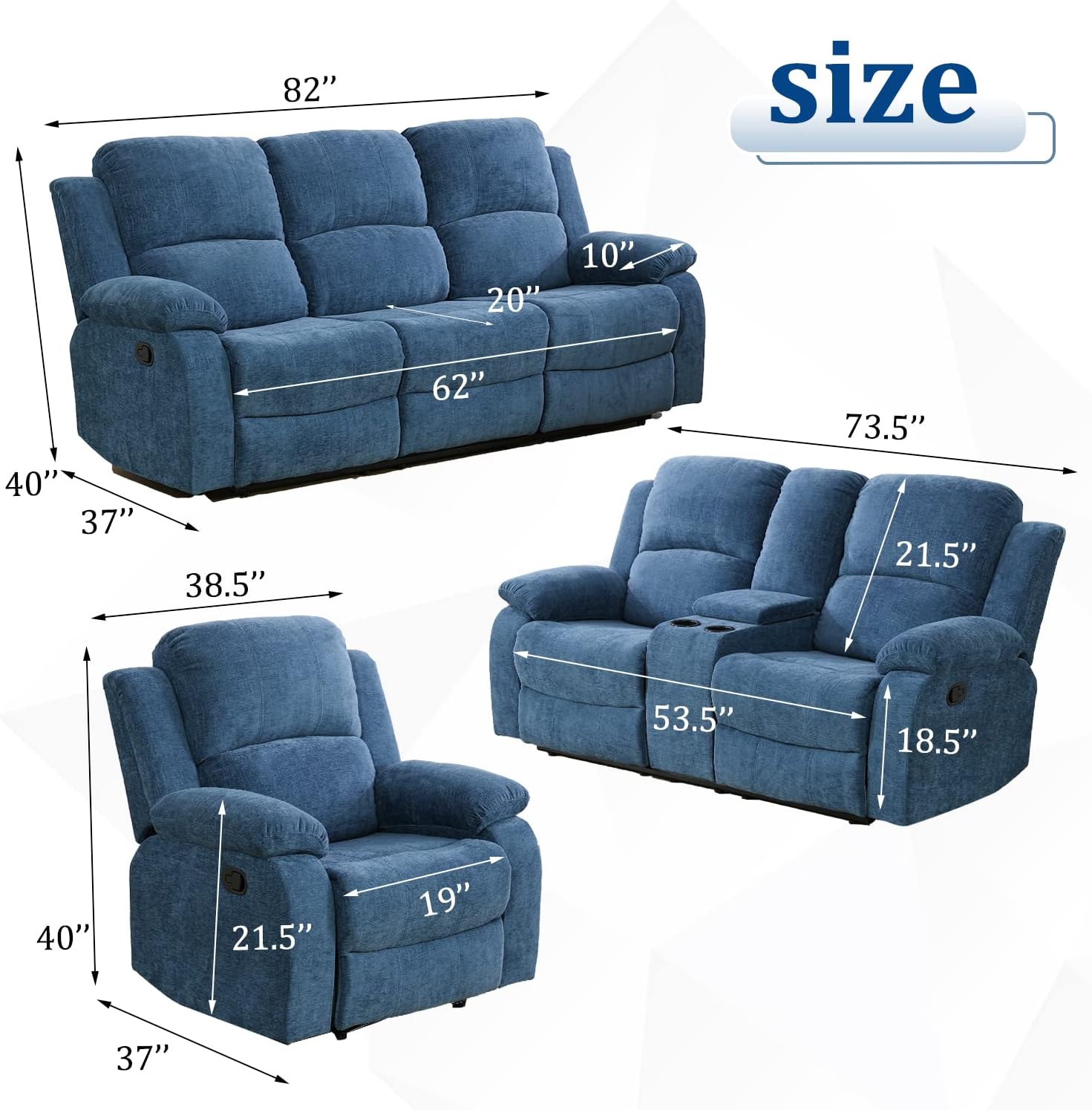 Recliner Sofa Set Living Room Furniture, Microfiber Fabric Reclining Sofa Set, Recliner Couch Set with Cup Holders for Office Home (3 Piece Living Room Furniture Set, Blue)