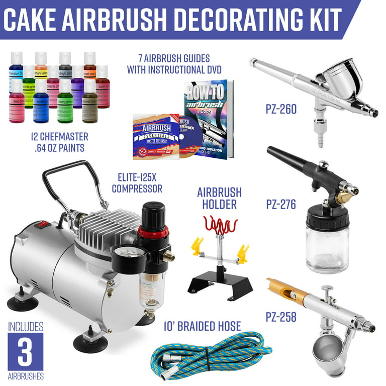 PointZero Cake Airbrush Decorating Kit - 3 Airbrushes, Compressor, and 12  Chefmaster Colors - Point Zero Airbrush