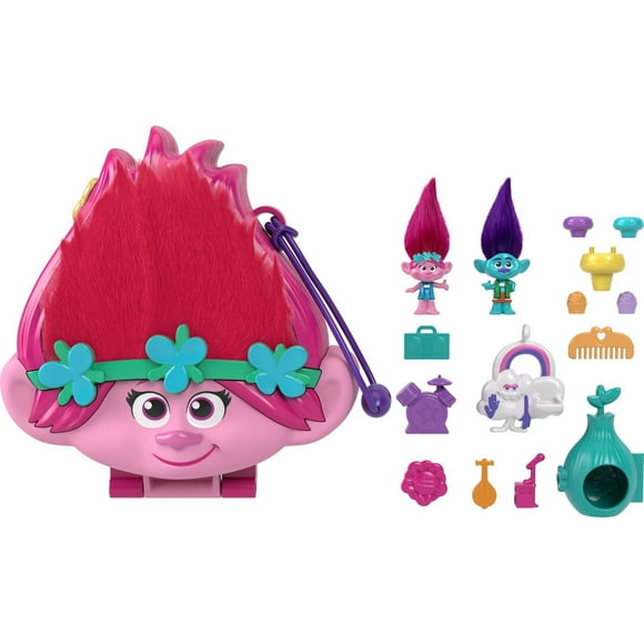 Polly Pocket & DreamWorks Trolls Compact Playset with Poppy & Branch Dolls & 13 Accessories