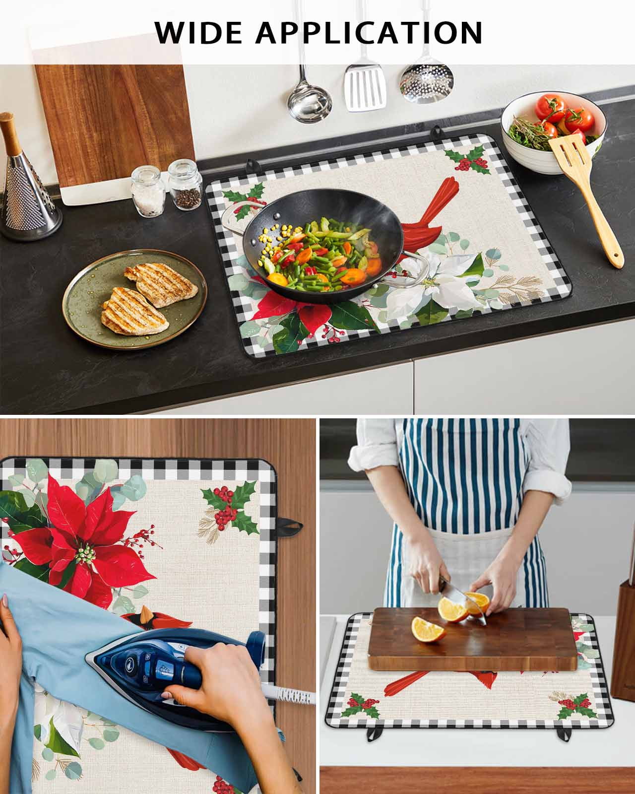 Large Induction Cooktop Protector Mat Christmas Stove Top Covers for Electric Stove, Xmas Poinsettia Botanical Black Plaid Decorative Stove Burner Cover Mats, Glass Top Stove Cover
