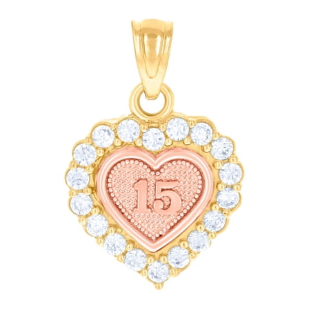 14k Gold Womens Two-tone Cubic Zirconia 15 Anos Love Heart Quinceanera Height 18.1mm Pendant Necklace Charm Pendant for