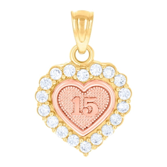 14k Gold Womens Two-tone Cubic Zirconia 15 Anos Love Heart Quinceanera Height 18.1mm Pendant Necklace Charm Pendant for